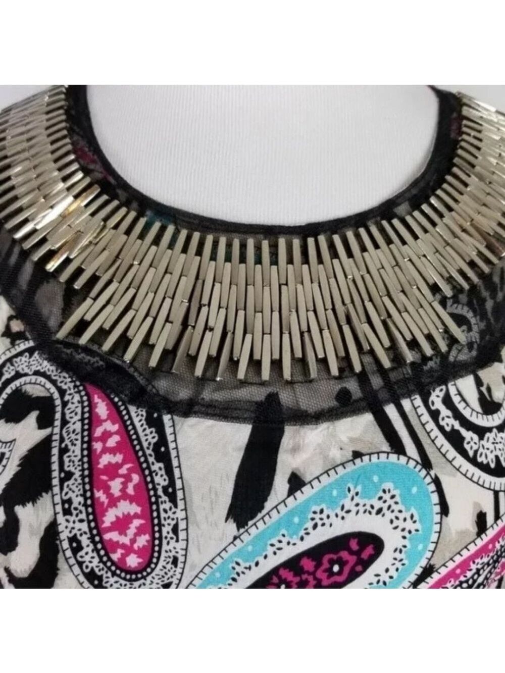 𝅺New Watercolor Paisley Tribal Ladies Blouse By OVBOILI  NWT Beaded Neckline - Picture 9 of 10